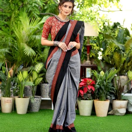 Grey Ajrak Cotton Saree with Black Contrast Border